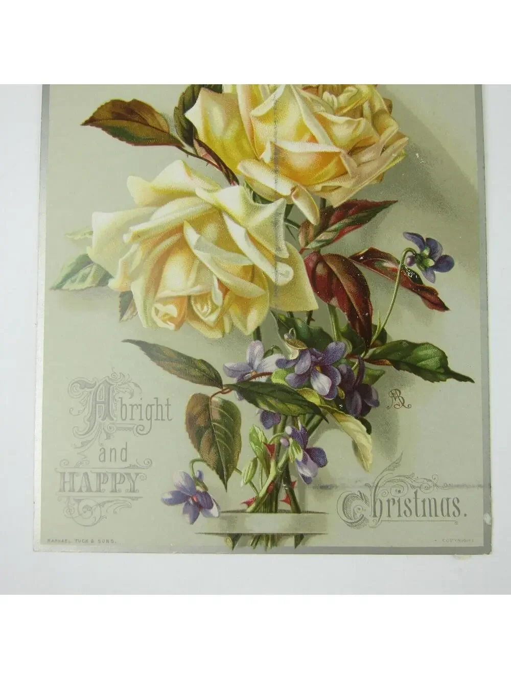 Victorian Christmas Card Yellow Roses Purple Flowers Raphael Tuck & Sons Antique